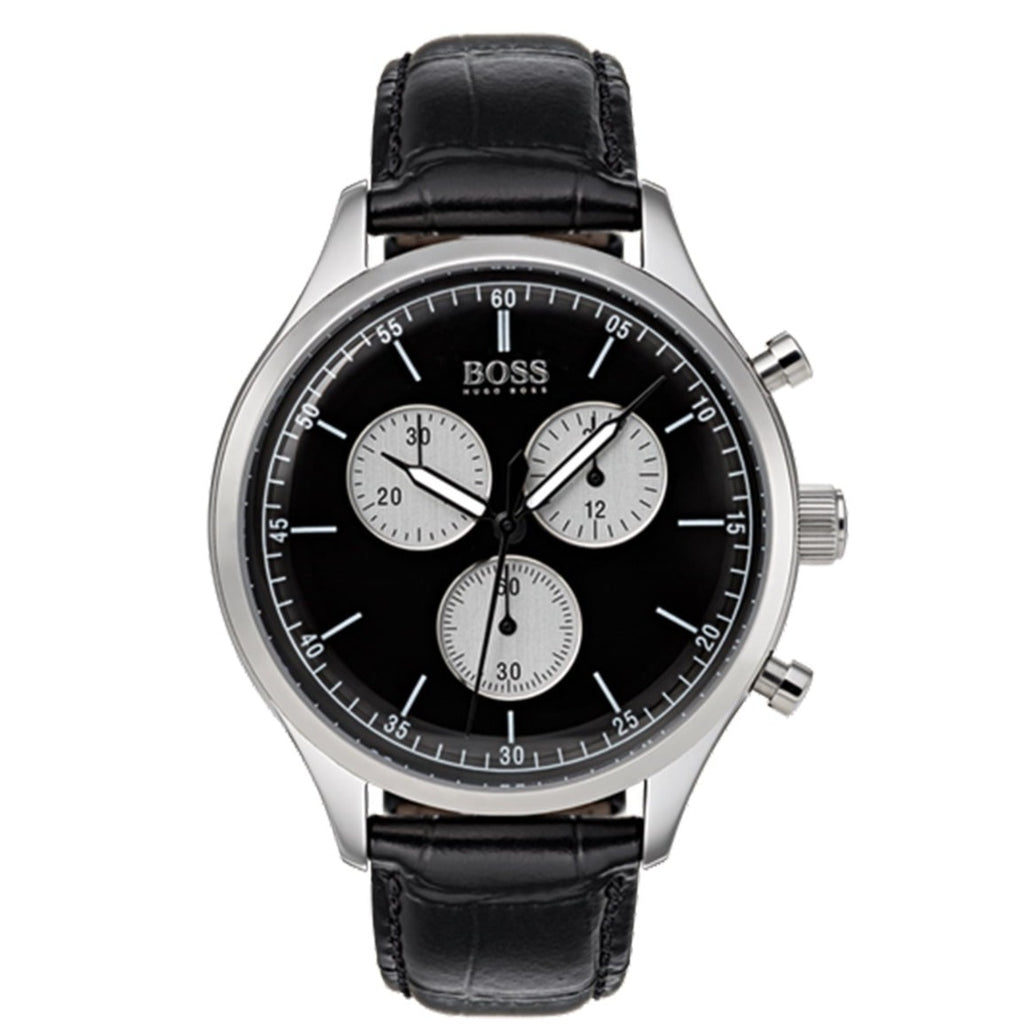 Hugo Boss Companion Black Dial Black Leather Strap Watch for Men - 1513543
