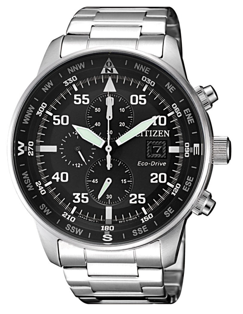 Citizen Eco Drive Chronograph Black Dial Silver Steel Strap Watch For