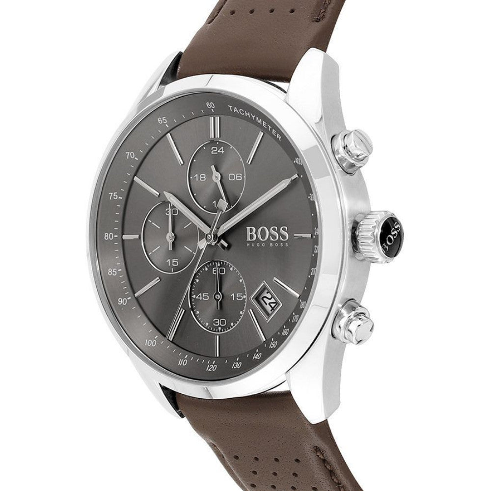 Hugo Boss Grand Prix Grey Dial Brown Leather Strap Watch for Men -  1513476