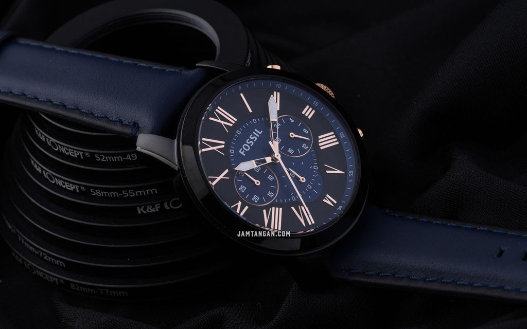 Fossil Grant Chronograph Black Dial Blue Leather Strap Watch for Men - FS5061