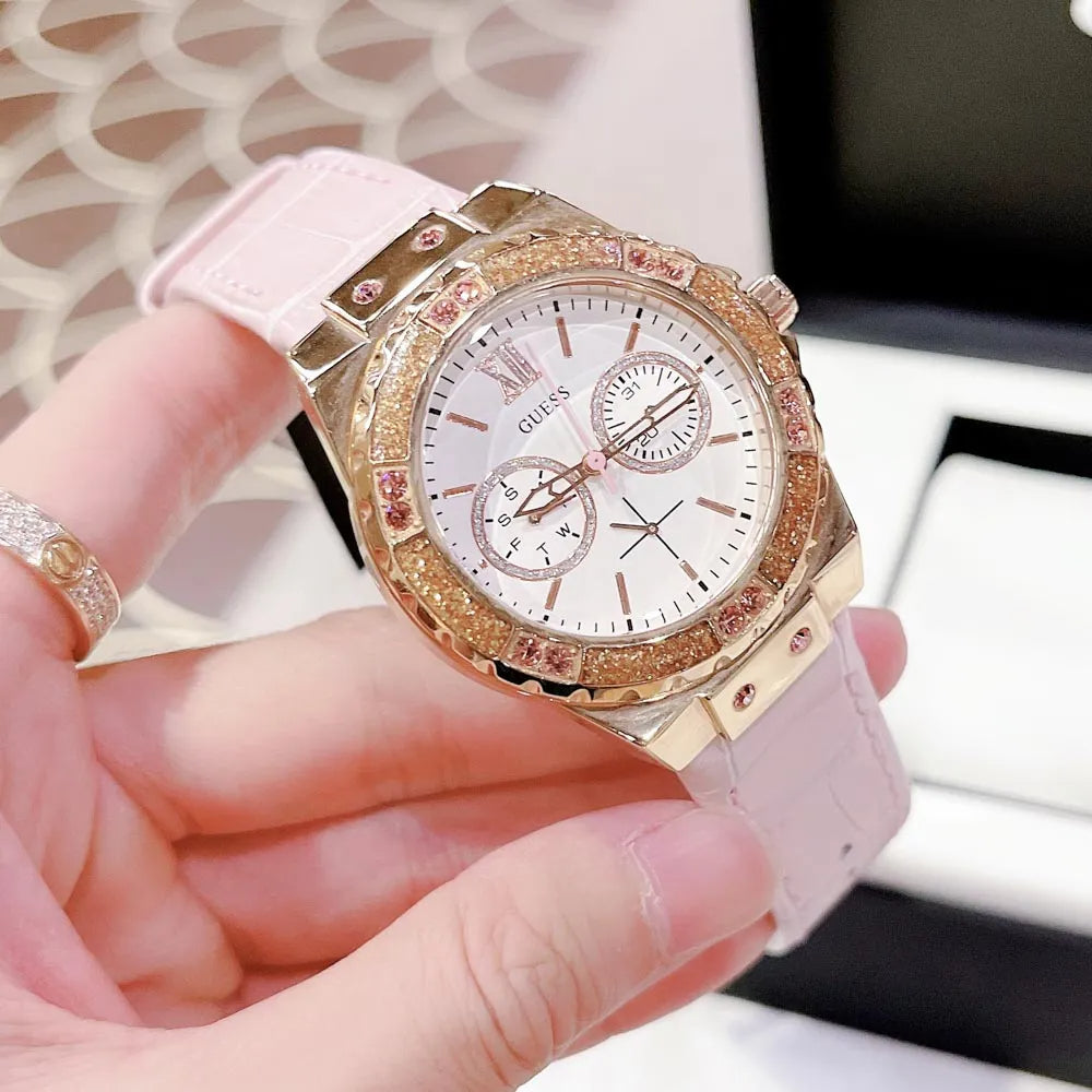 Guess Limelight Quartz Analog White Dial Pink Leather Strap Watch For Women - W0775l3