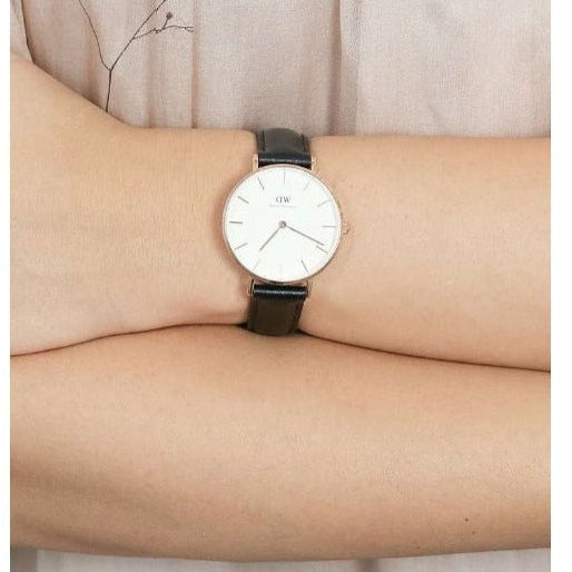 Daniel Wellington Petite Sheffield White Dial Black Leather Strap Watch For Women - DW00100174