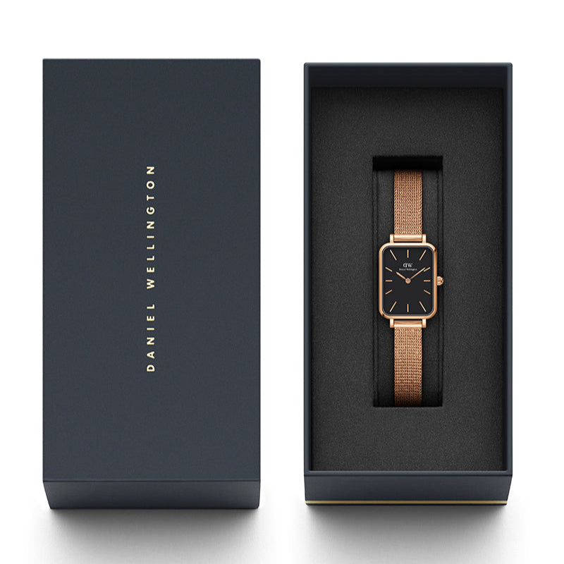Daniel Wellington Quadro Melrose Black Dial Rose Gold Mesh Bracelet Watch For Women - DW00100432
