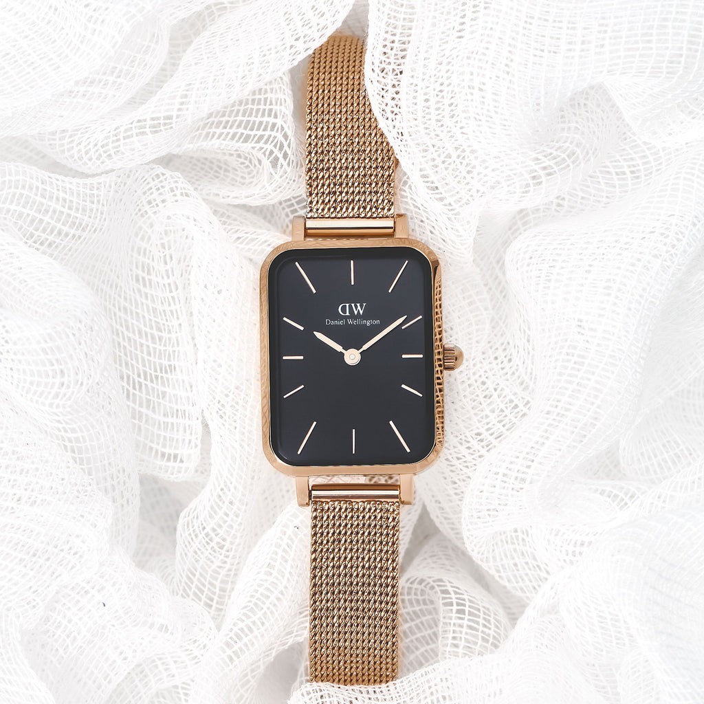 Daniel Wellington Quadro Melrose Black Dial Rose Gold Mesh Bracelet Watch For Women - DW00100432