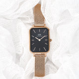 Daniel Wellington Quadro Melrose Black Dial Rose Gold Mesh Bracelet Watch For Women - DW00100432