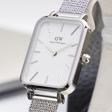 Daniel Wellington Quadro Sterling White Dial Silver Mesh Strap Watch For Women - DW00100438