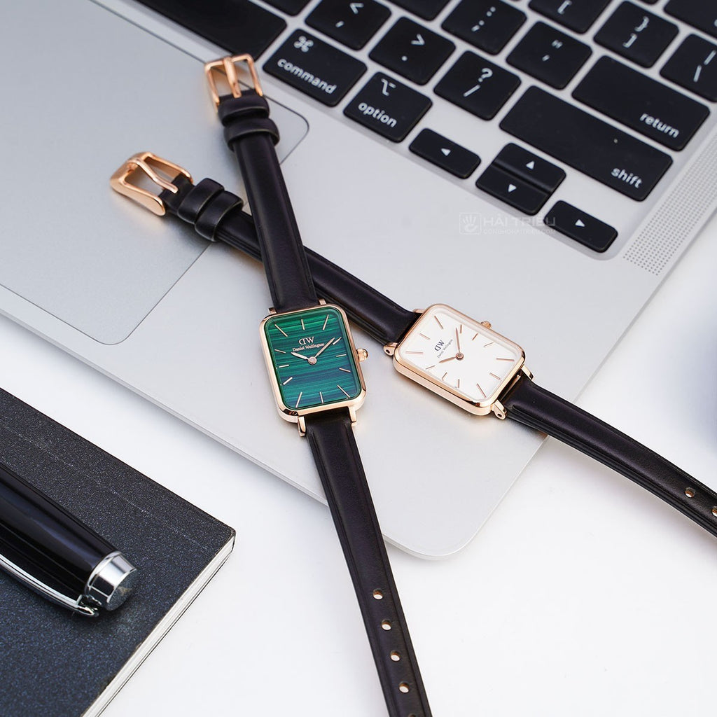 Daniel Wellington Quadro White Dial Black Leather Strap Watch For Women - DW00100434