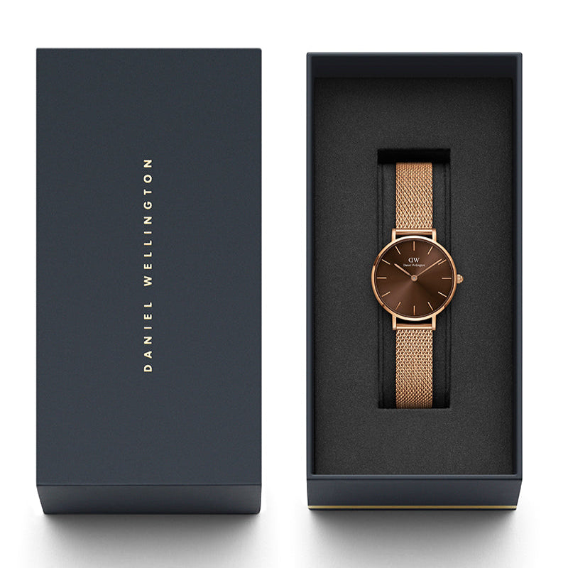 Daniel Wellington Petite Amber Brown Dial Gold Mesh Strap Watch For Women - DW00100476