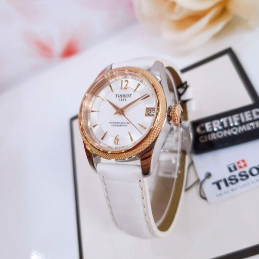Tissot T-Classic Powermatic 80 Mother of Pearl Silver Dial White Leather Strap Watch For Women - T108.208.26.117.00