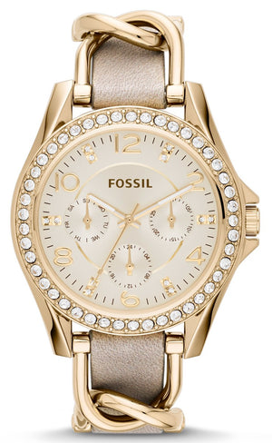 Fossil Riley White Dial Beige Leather Strap Watch for Women - ES3465