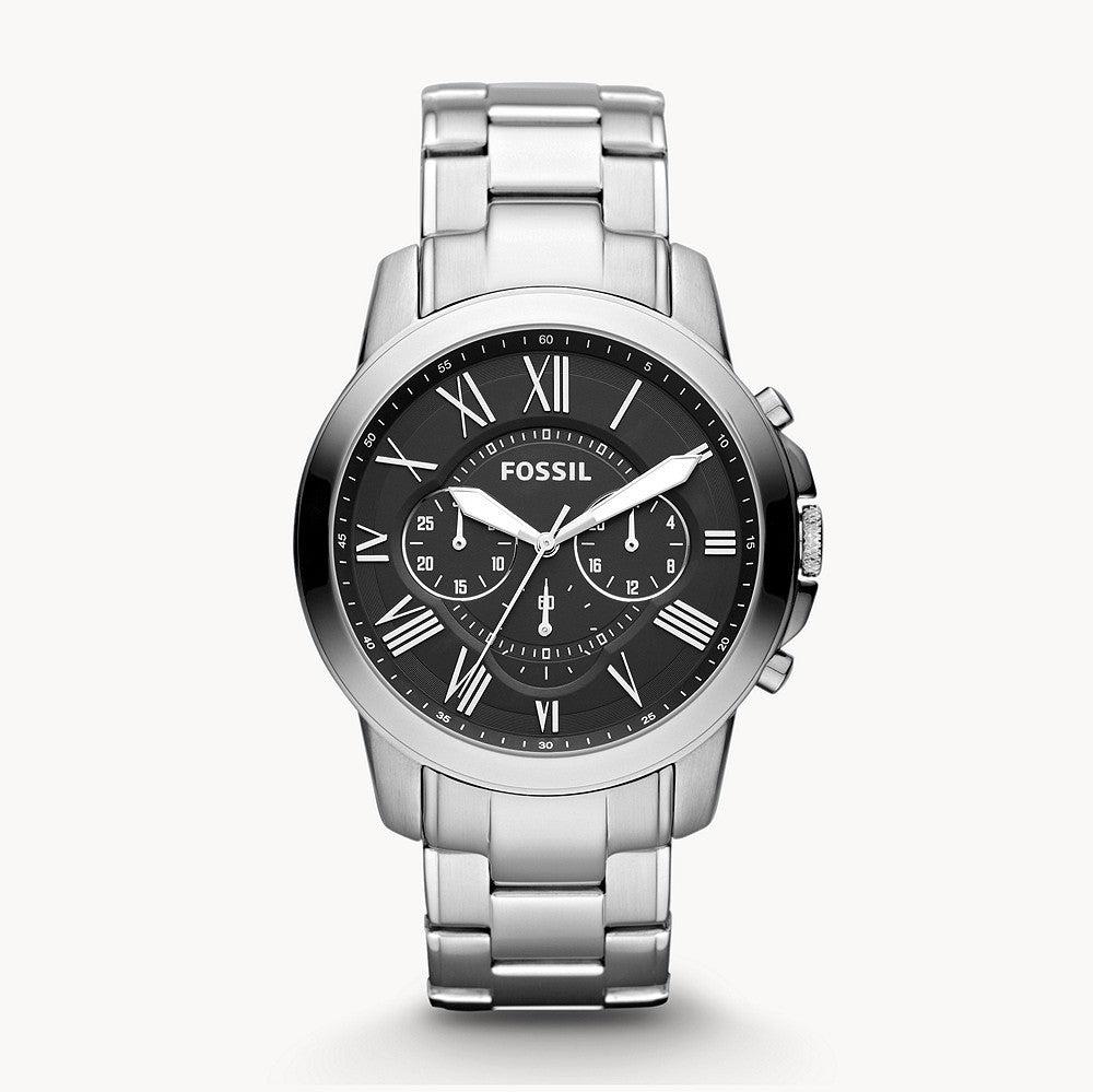 Fossil Grant Chronograph Black Dial Silver Steel Strap Watch for Men - FS4736