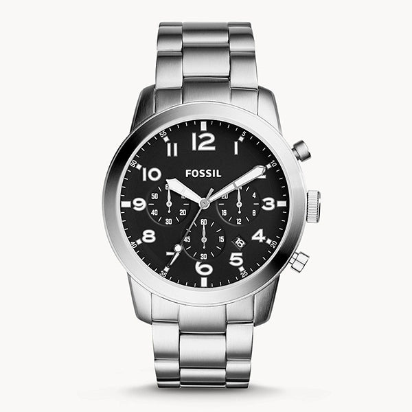 Fossil Pilot Chronograph Black Dial Silver Steel Strap Watch for Men - FS5141