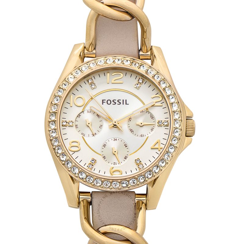 Fossil Riley White Dial Beige Leather Strap Watch for Women - ES3465