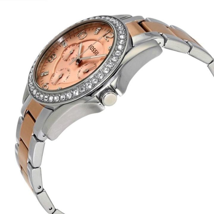 Fossil Riley Multifunction Rose Gold Dial Two Tone Steel Strap Watch for Women - ES4145
