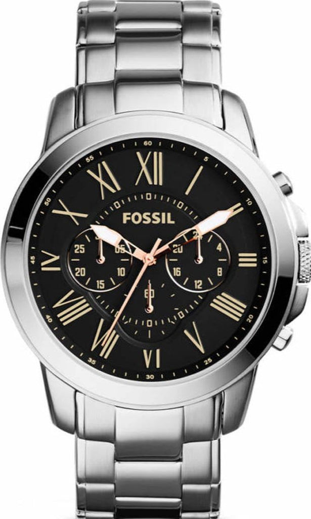 Fossil Grant Chronograph Black Dial Silver Steel Strap Watch for Men - FS4994