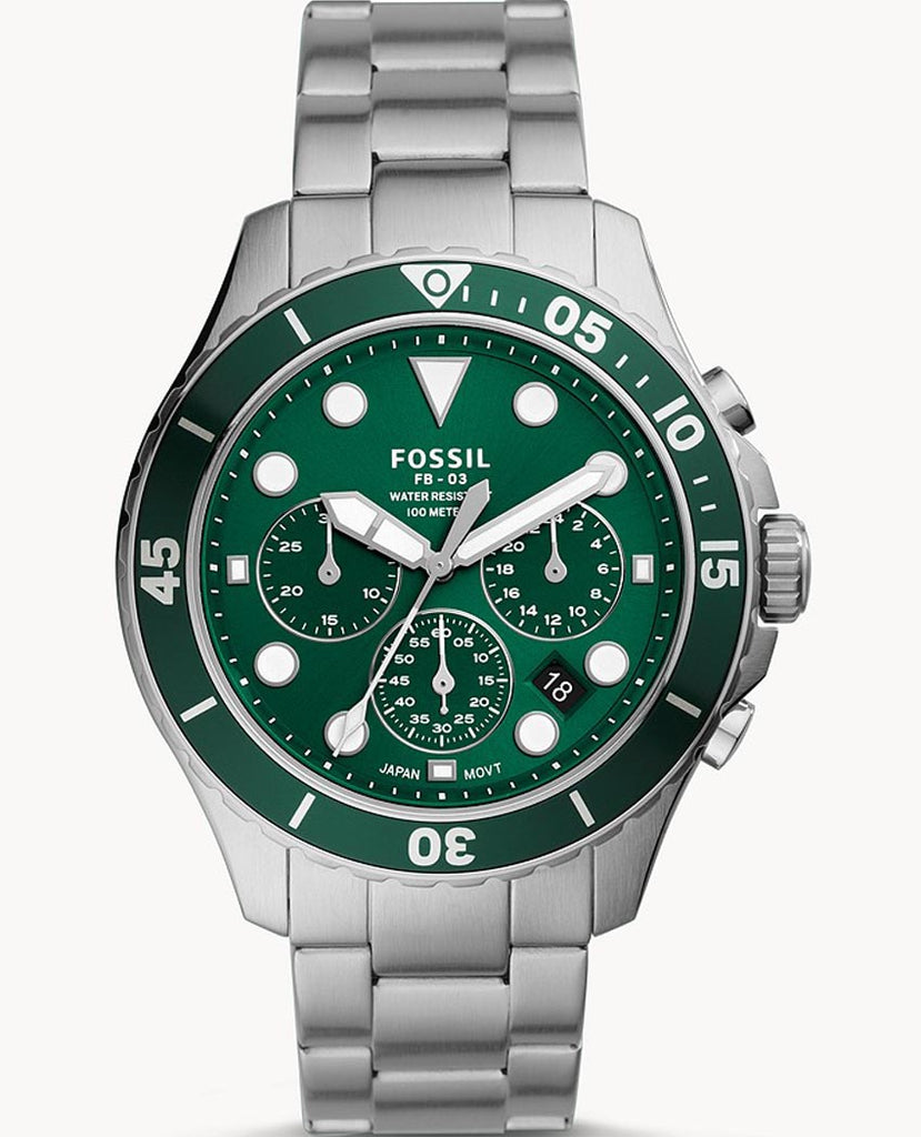 Fossil FB-03 Chronograph Green Dial Silver Steel Strap Watch for Men - FS5726