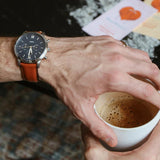 Fossil Commuter Automatic Skeleton Blue Dial Brown Leather Strap Watch for Men - ME3159