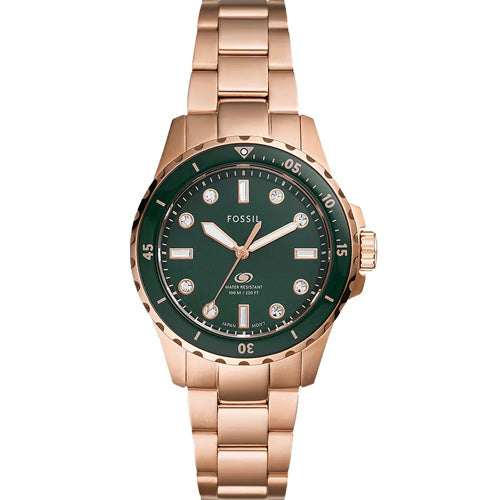 Fossil Blue Dive Three Hand Green Dial Rose Gold Steel Strap Watch For Women - ES5371