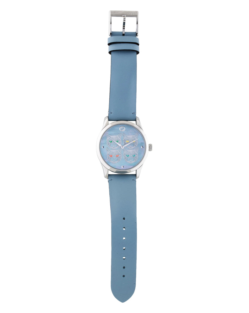 Gucci G Timeless Quartz Mother of Pearl Dial Blue Leather Strap Watch For Women - YA1264124