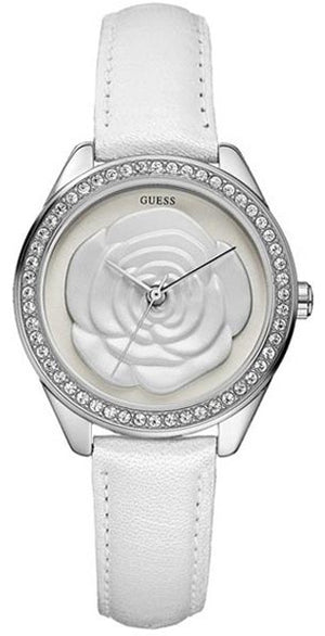 Guess Rosette Analog White Dial White Leather Strap Watch For Women - W75043L1