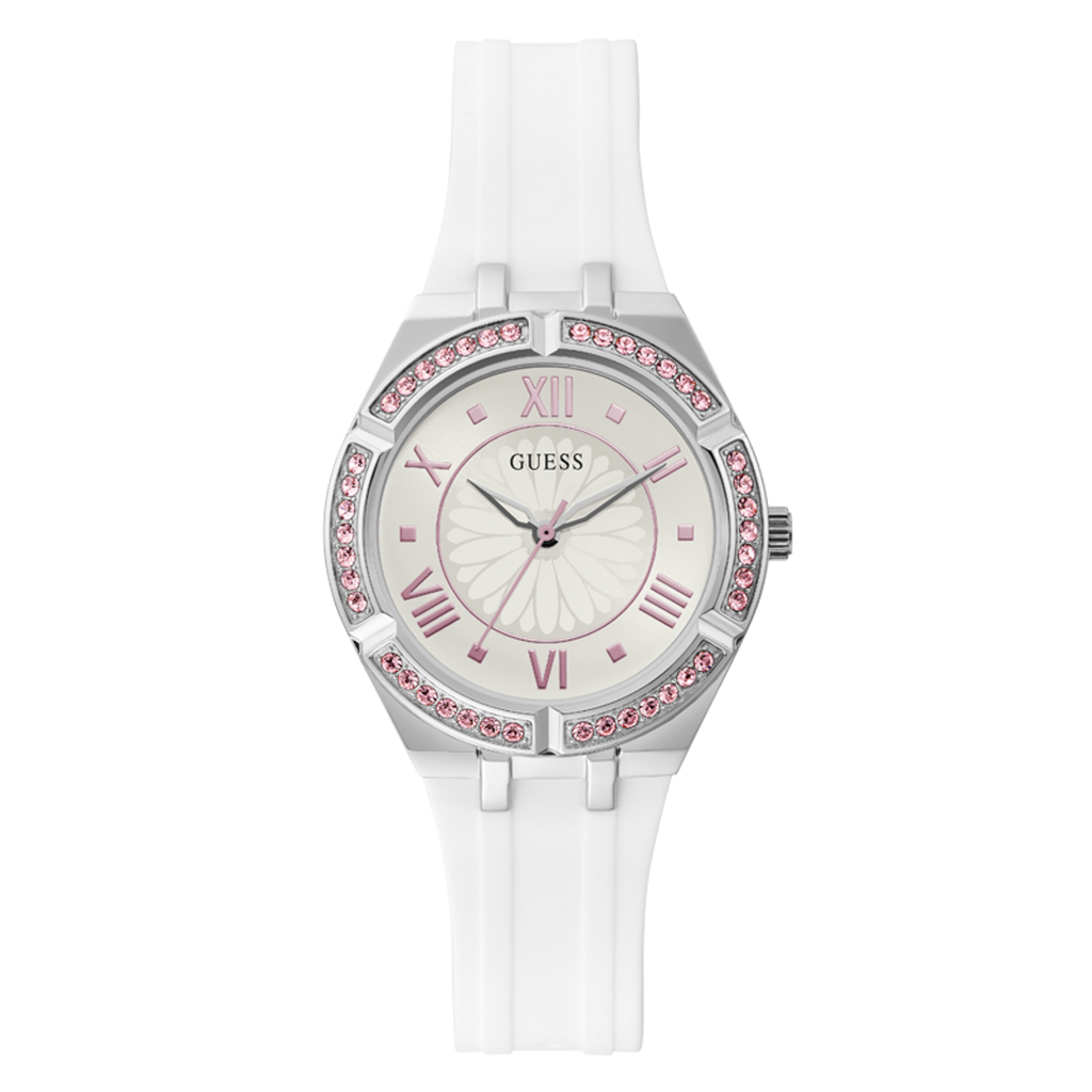 Guess Sparkling Silver Dial White Rubber Strap Watch For Women - GW0032L1