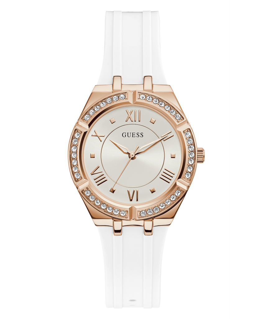 Guess Cosmo Diamonds Silver Dial White Rubber Strap Watch for Women - GW0034L2