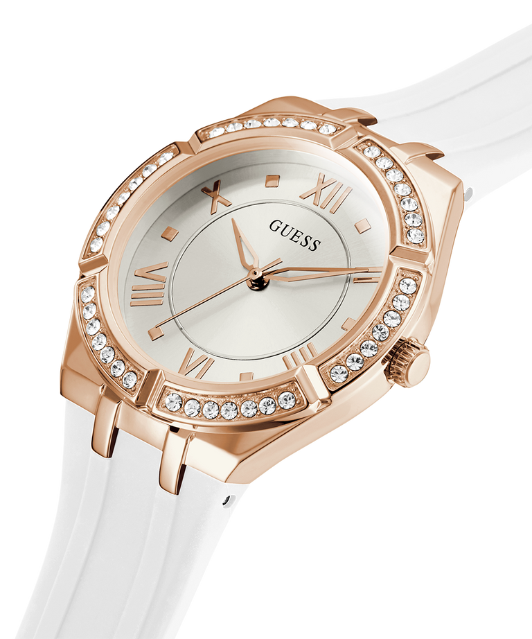 Guess Cosmo Diamonds Silver Dial White Rubber Strap Watch for Women - GW0034L2