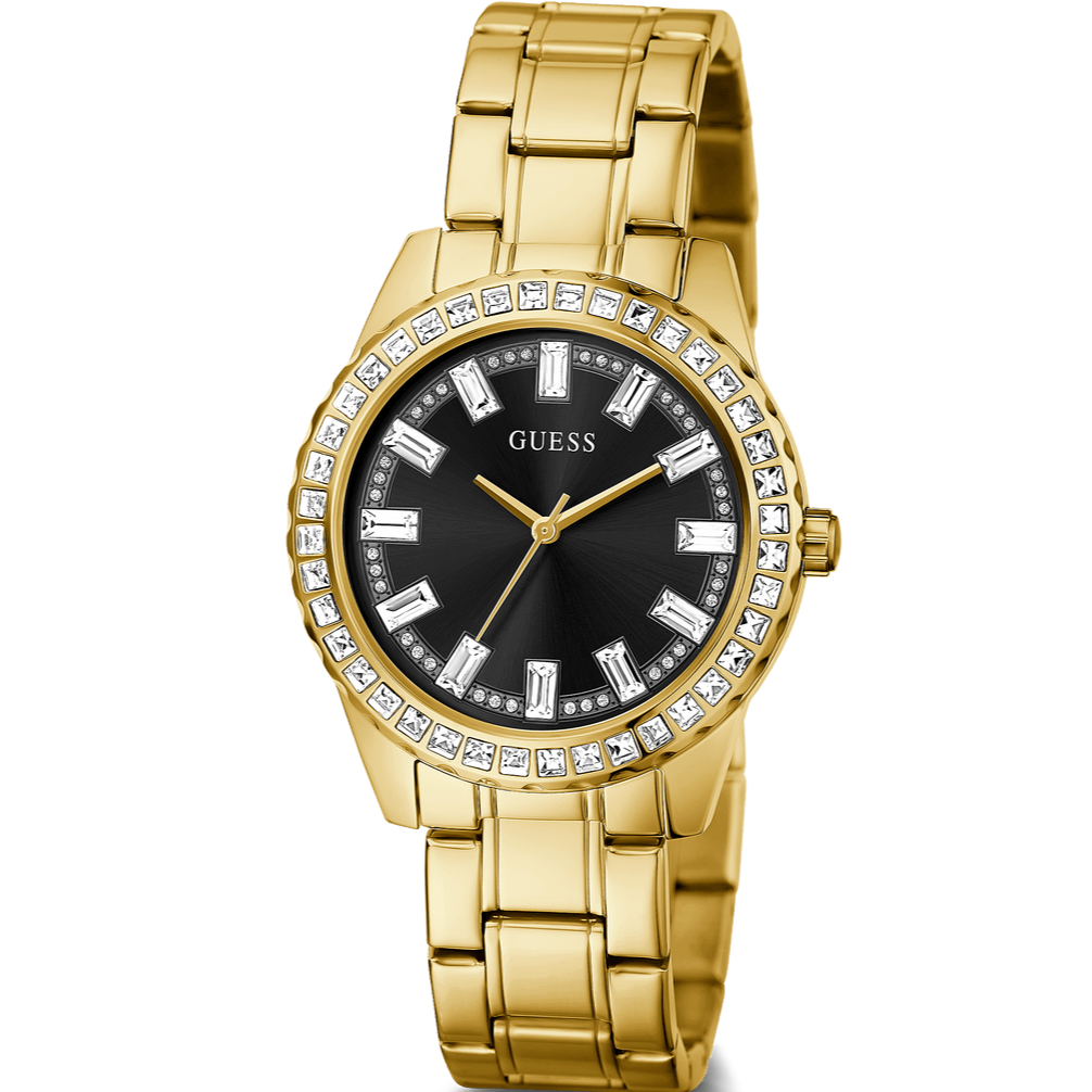 Guess Sparkler Diamonds Black Dial Gold Steel Strap Watch for Women - GW0111L2