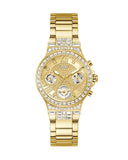 Guess Moonlight Multi Function Diamonds Gold Dial Gold Steel Strap Watch for Women - GW0320L2