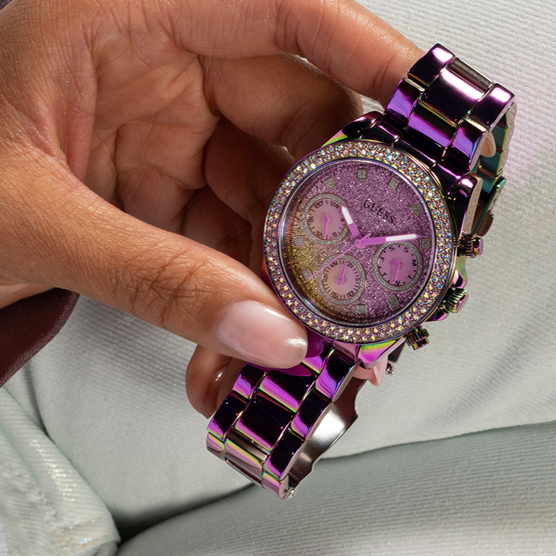 Guess Confetti Chronograph Crystals Multicolor Dial Purple Steel Strap Watch For Women - GW0483L5
