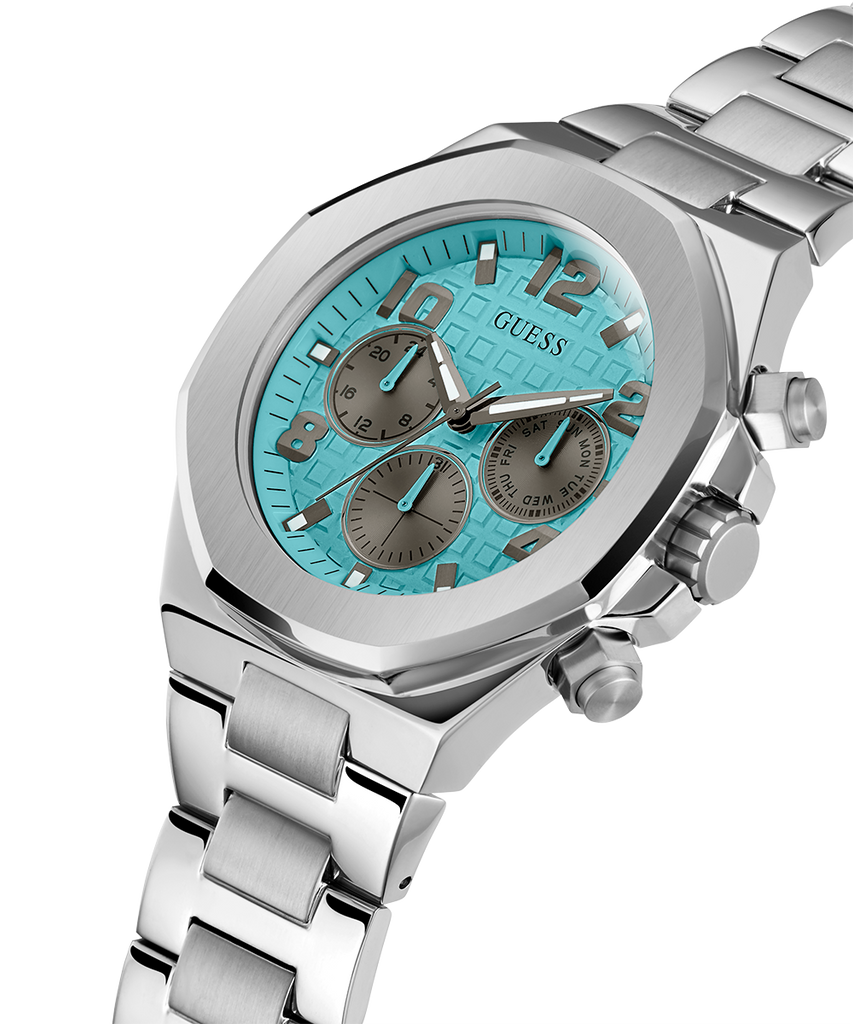 Guess Empire Chronograph Quartz Sky Blue Dial Silver Steel Strap Watch For Men - GW0489G3