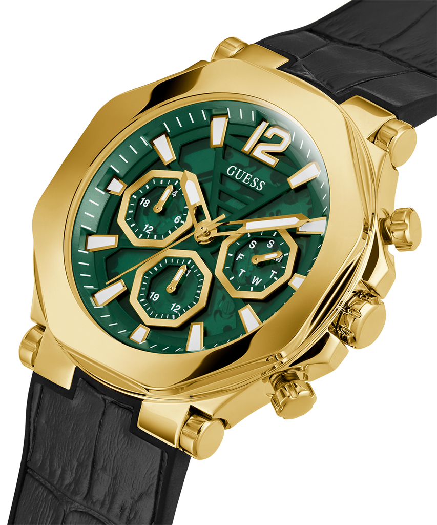 Guess Edge Chronograph Green Dial Black Leather Strap Watch For Men - GW0492G3