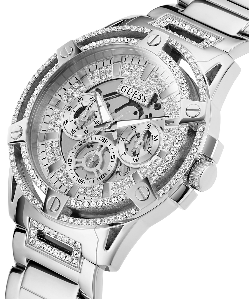 Guess King Quartz Silver Dial Silver Steel Strap Watch For Men - GW0497G1