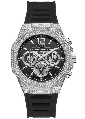 Guess Momentum Chronograph Crystals Black Dial Black Silicone Strap Watch For Men - GW0518G1