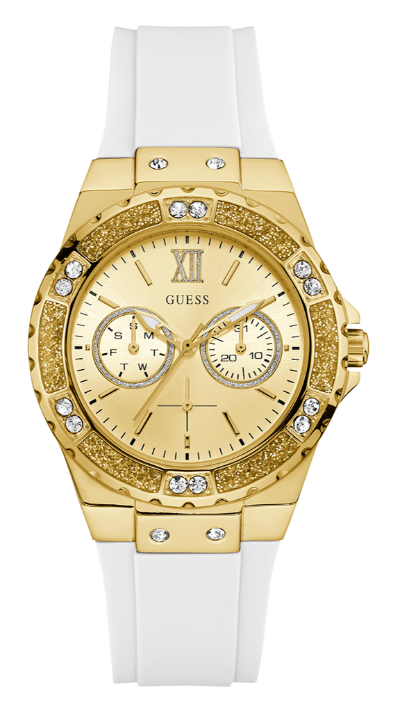 Guess Multifunction Gold Dial White Rubber Strap Watch for Women - GW0519L2