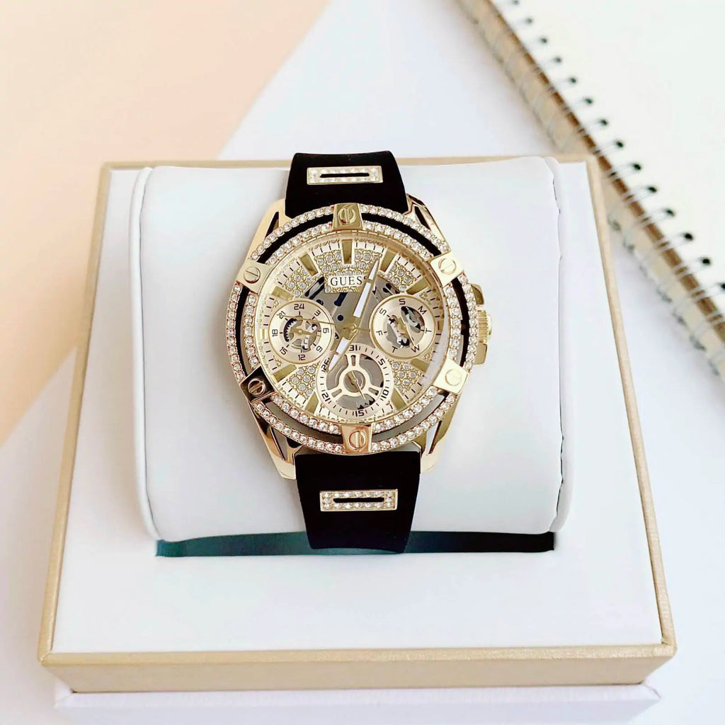 Guess Queen Quartz Gold Dial Black Silicone Strap Watch For Women - GW0536L3