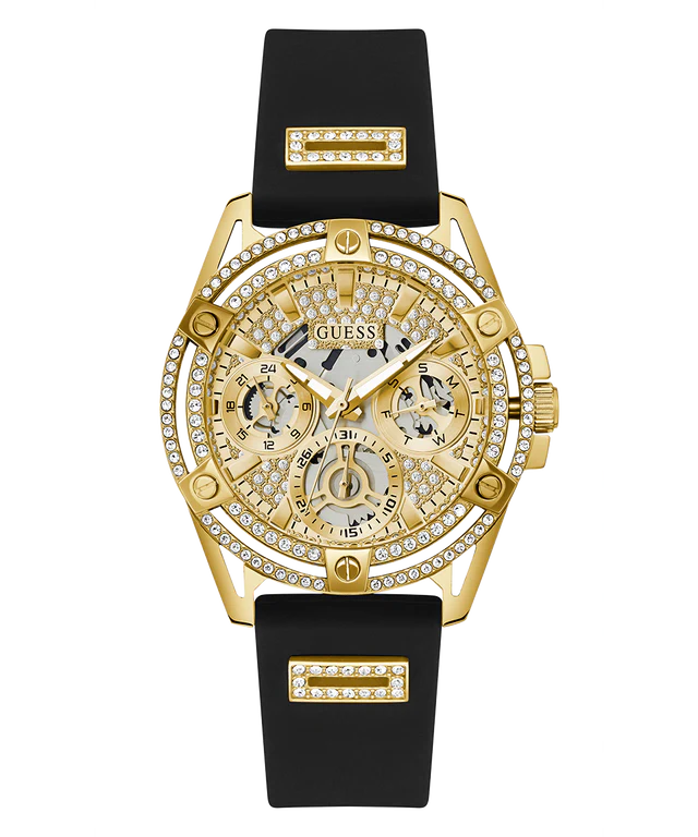 Guess Queen Quartz Gold Dial Black Silicone Strap Watch For Women - GW0536L3