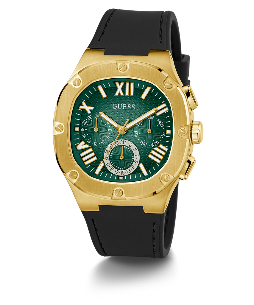 Guess Headliner Multifunction Green Dial Black Silicone Strap Watch For Men - GW0571G3