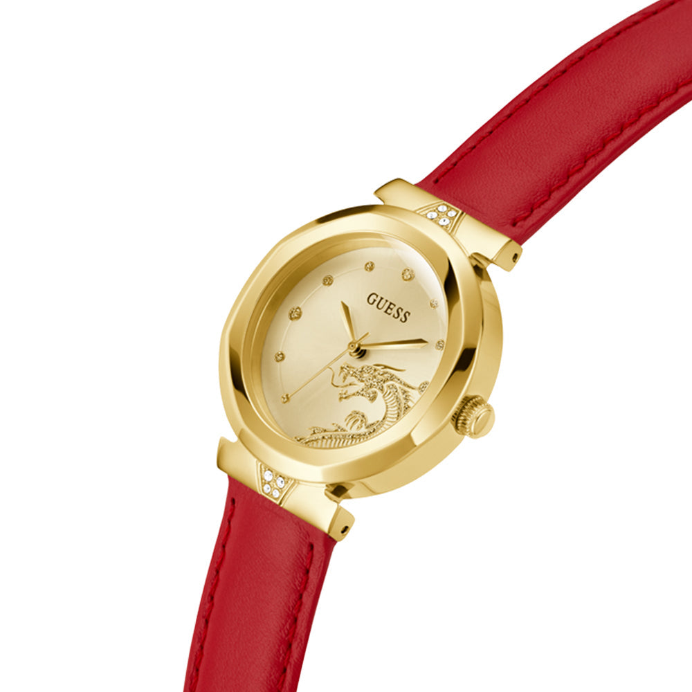 Guess Trend Dragon Gold Dial Red Leather Strap Watch For Women - GW0646L1