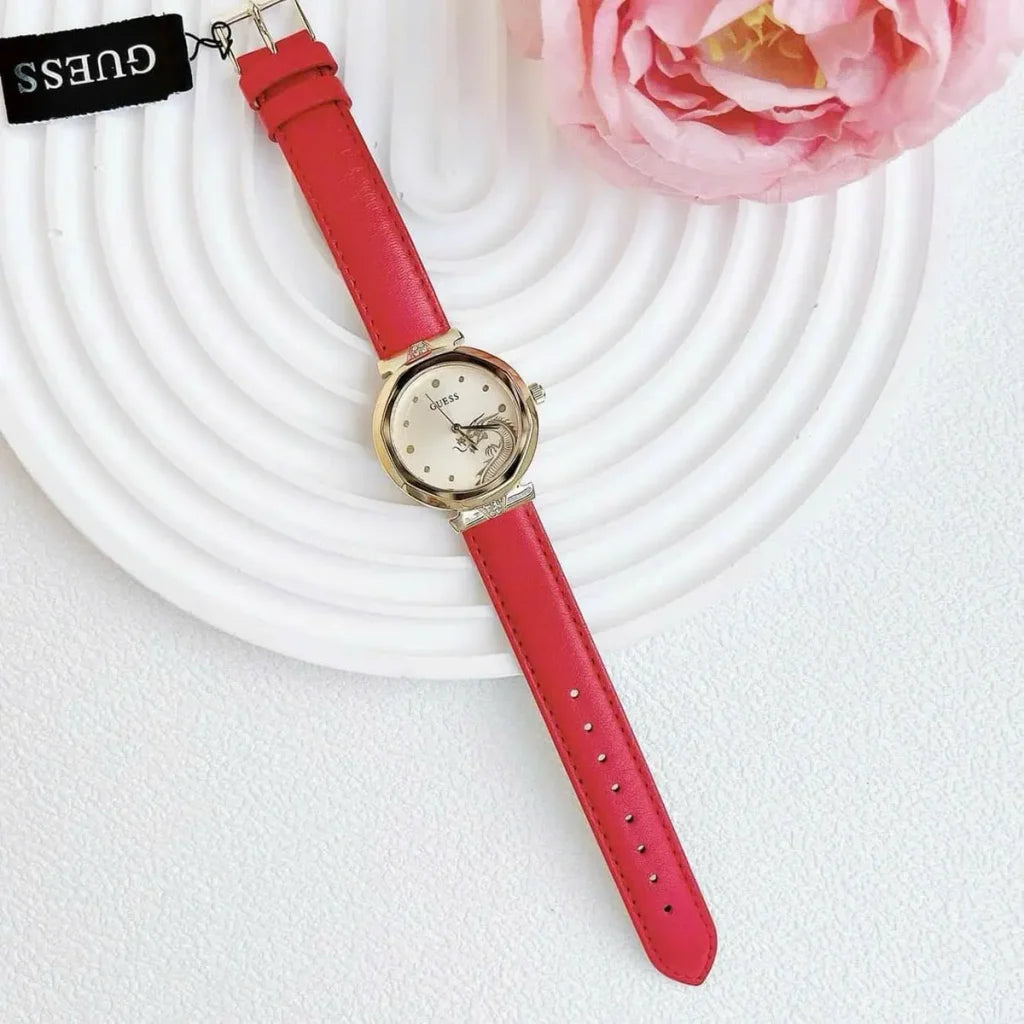 Guess Trend Gold Dial Red Dragoness Strap Watch For Women - GW0646L1