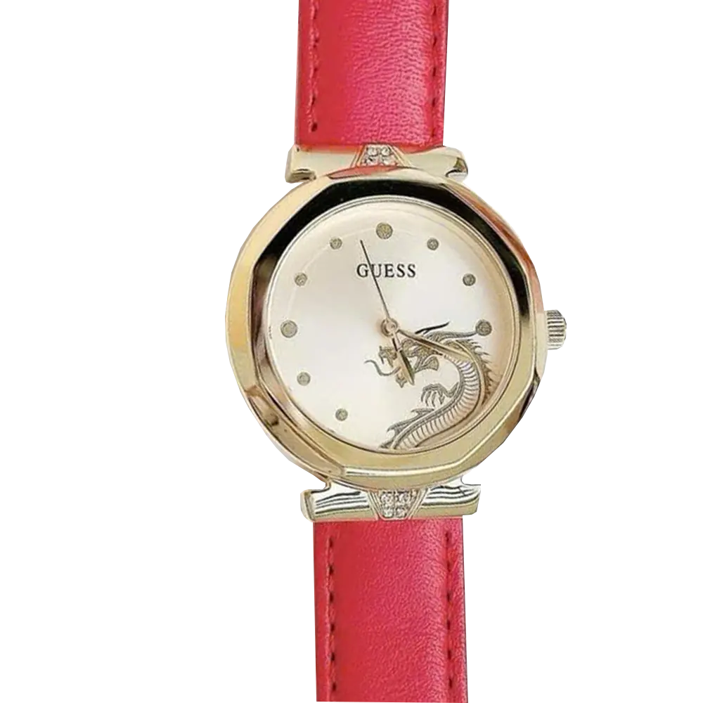 Guess Trend Dragon Gold Dial Red Leather Strap Watch For Women - GW0646L1