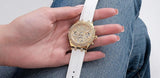 Guess Queen Quartz Gold Dial White Silicone Strap Watch For Women - GW0536L2