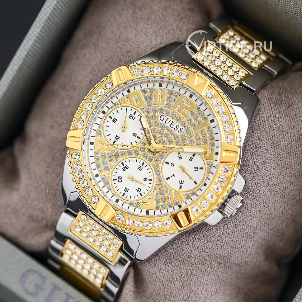 Guess Frontier Chronograph Crystals Gold Dial Two Tone Steel Strap Watch For Women - W1156L5