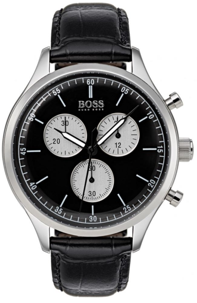 Hugo Boss Companion Black Dial Black Leather Strap Watch for Men - 1513543