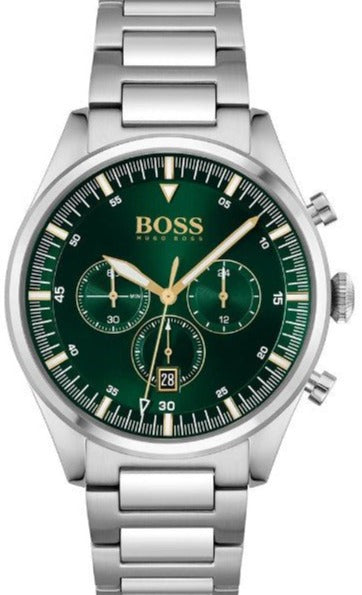 Hugo Boss Pioneer Chronograph Green Dial Silver Steel Strap Watch for