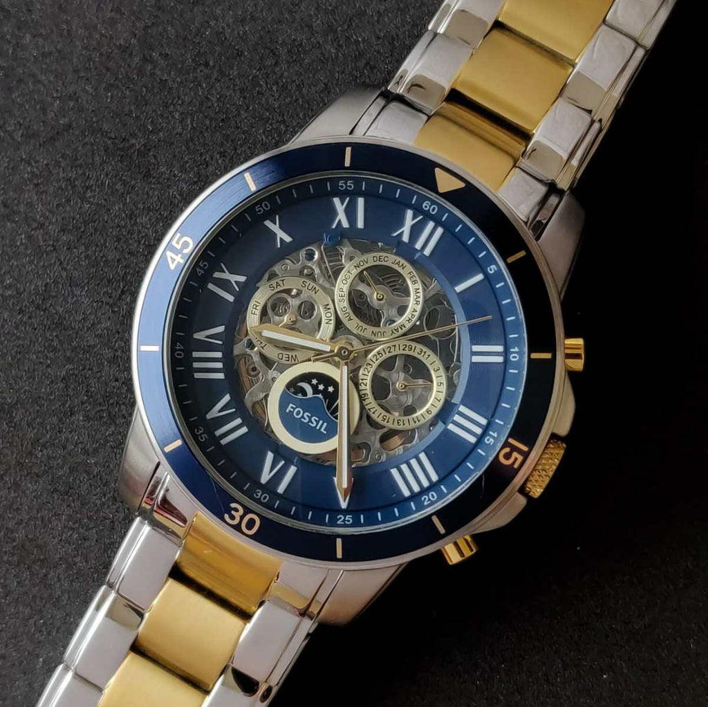 Fossil Grant Sport Automatic Skeleton Blue Dial Two Tone Steel Strap Watch for Men - ME3141