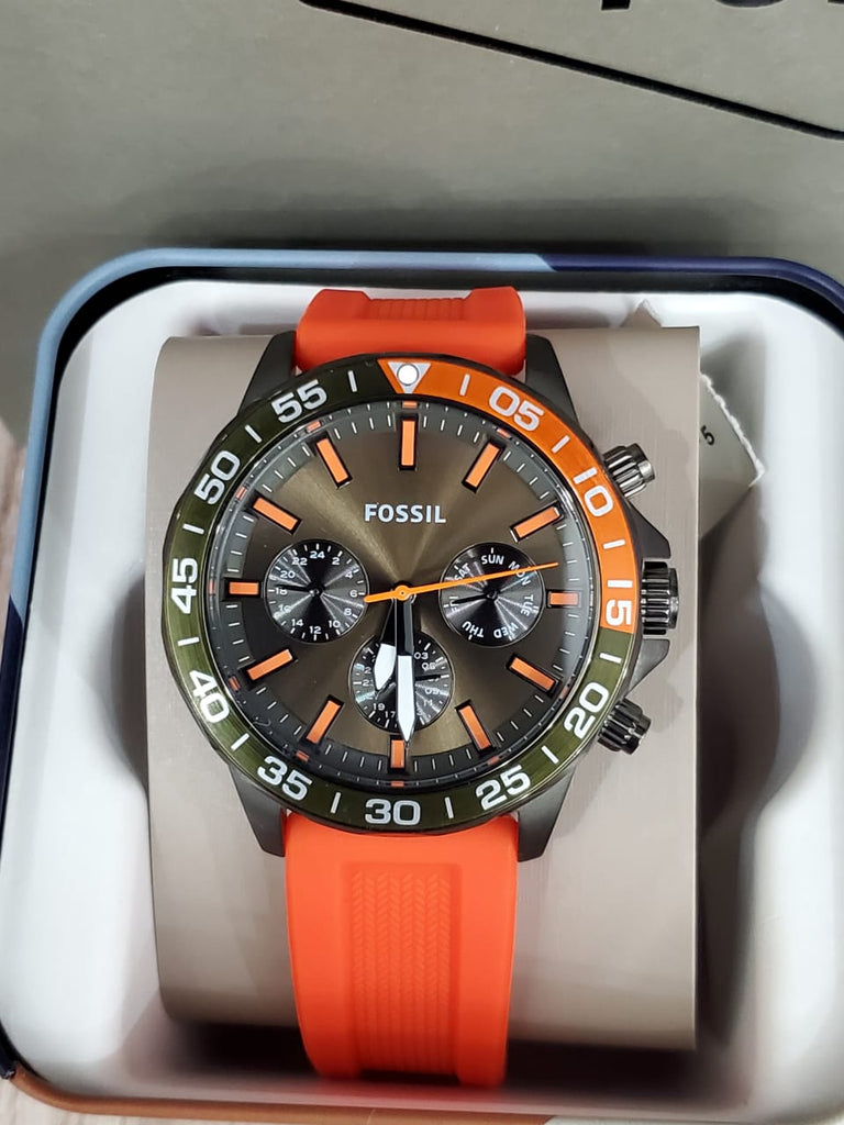 Fossil Bannon Chronograph Grey Dial Orange Silicone Strap Watch for Men - BQ2500