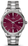 Tudor Style Automatic Burgundy Red Dial Silver Steel Strap Watch for Men - M12710-0015