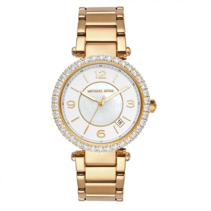 Michael Kors Parker Mother of Pearl White Dial Gold Steel Strap Watch For Women - MK4693