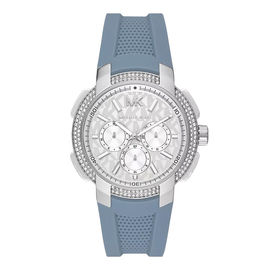Michael Kors Sidney Multifunction Crystals Silver Dial Blue Rubber Strap Watch for Women - MK7220